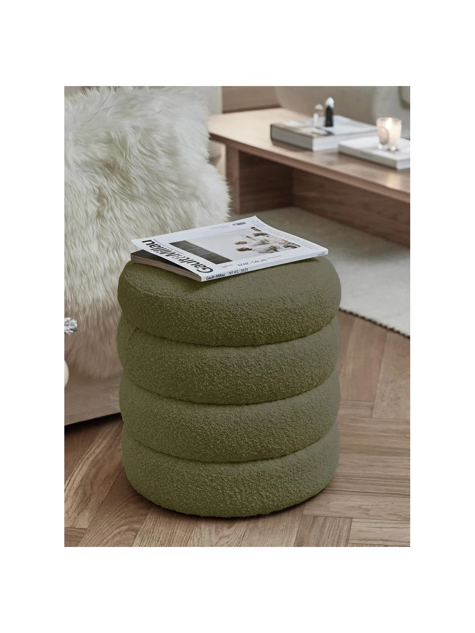 Westwing Collection Bouclé-Hocker Alto in Grün, Ø 42 x H 47 cm – Bild 2