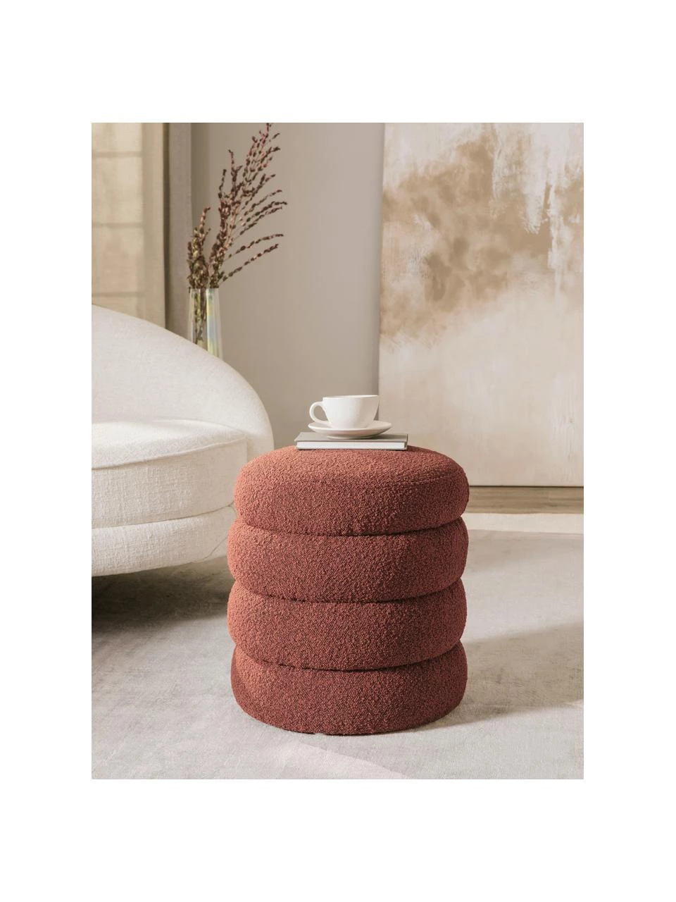 Westwing Collection Bouclé-Hocker Alto in Rostrot, Ø 42 x H 47 cm – Bild 2