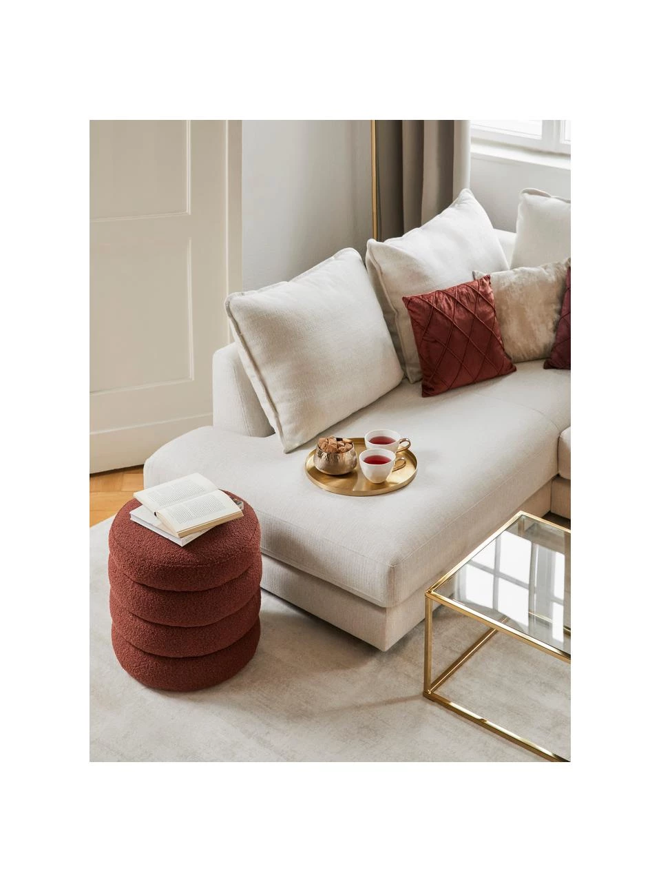 Westwing Collection Bouclé-Hocker Alto in Rostrot, Ø 42 x H 47 cm – Bild 3