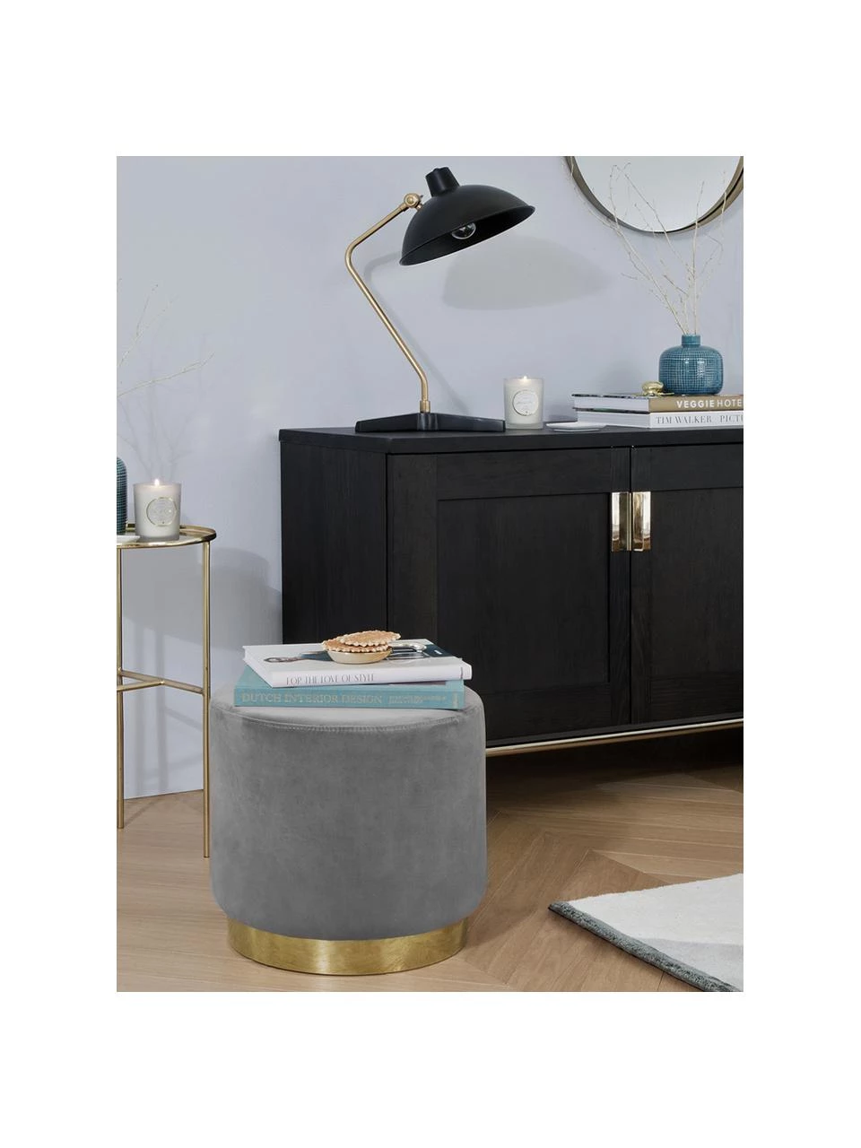 Westwing Collection Samt-Hocker Orchid in Grau, Ø 38 x H 38 cm – Bild 2