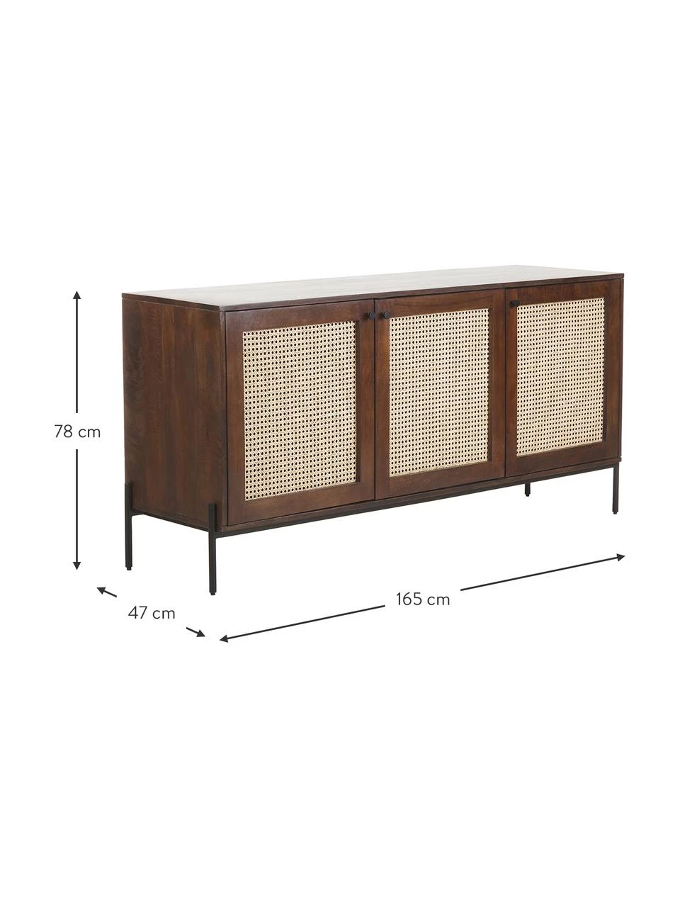 Westwing Collection Sideboard Vienna mit Wiener Geflecht in Dunkelbraun, B 165 x H 78 cm – Bild 3